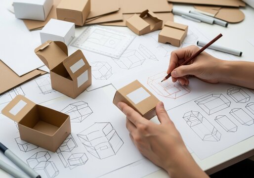 Designer sketching drawing design Brown craft cardboard paper product eco packaging mockup box development template package branding Label . designer studio concept .
