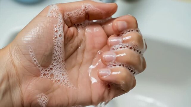 Close-up of a persons hand being thoroughly washed with soap and water, creating a rich lather in a clean sink.