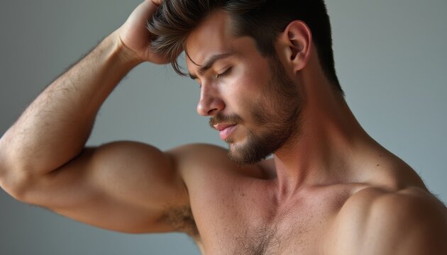 Thoughtful young man showcasing strong physique - Powered by Adobe