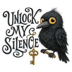 Obraz premium Playful dark illustration of a black crow with big yellow eyes perched on a gold antique key beside hand-lettered phrase 