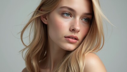 Stunning close-up of a young woman with flowing blonde hair