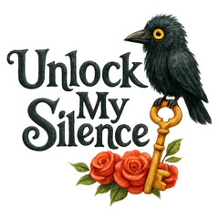 Obraz premium Illustration of a black crow perched on a golden key above red roses with decorative 