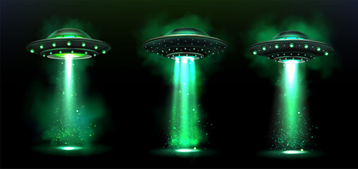 3d UFO, vector alien space ships with light beam © Cahya