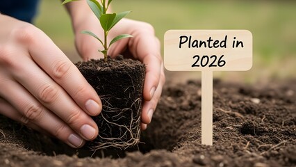 Hands planting a young tree sapling with planted in 2026 sign