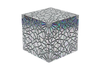 Macro close-up of a floating perfect geometric cube with hyper-reflective holographic shattered film texture displaying iridescent neon colors, isolated on a transparent background with copy space.
