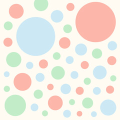 やさしい水玉模様の背景（パステル）ー 淡いブルー・ミント・コーラルの丸を散らしたデザインペーパー。ポストカード、マスキングシール、フレークシール、手帳デコ素材に最適。ノート表紙、ハンカチ、ミニタオル、ポーチ、キッチン雑貨（箸・キッチンクロス・カラトリー）、文房具（ボールペン、ペンケース）にも。