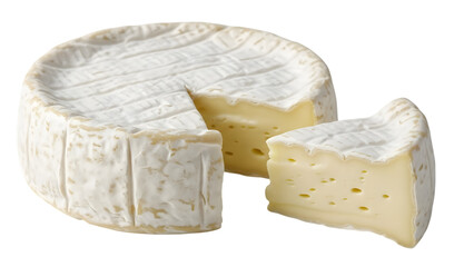 Close up of a round brie cheese wheel with a wedge cut out on black background