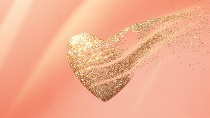 Abstract golden heart shape formed from sparkling particles on a soft peach background