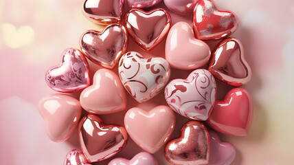 Pile of assorted heart shaped foil balloons in shades of pink and rose gold