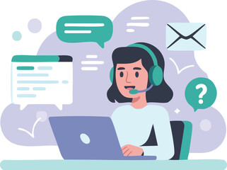 Smiling customer service representative businesswoman with a headset works on her laptop at an office desk