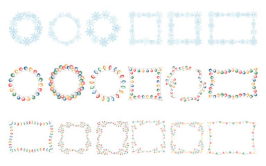 Set of winter holiday frames watercolor clipart with snowflakes, lights and flags. Hand drawn illustrations with copy space isolated. Drawing of festive bordersfor card design, sticker, invitations.