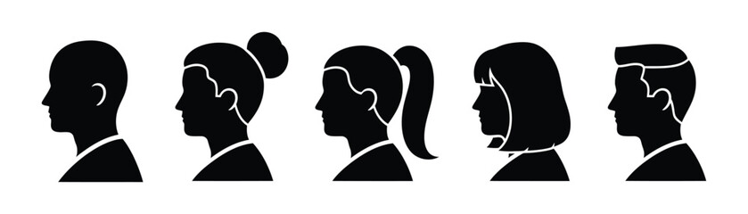 Diverse group of silhouetted profiles in monochrome style