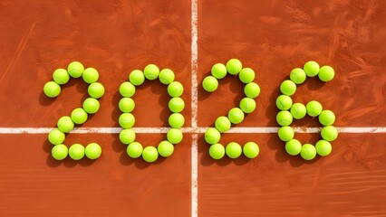 Tennis balls forming the year 2026 on a clay tennis court surface