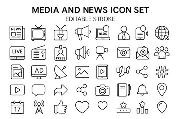 Media & News Line Icon Set – Editable Stroke Vector Icons
