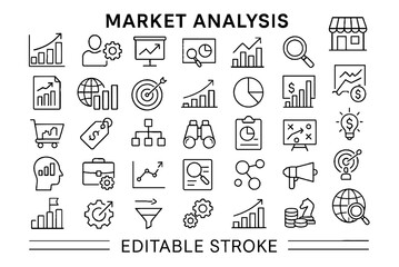 Market Analysis & Business Line Icons Set Editable Stroke Vector Icons for Finance & Marketing