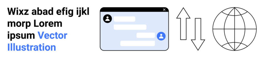 Fototapeta premium Global connectivity, messaging platform, internet communications, data transfer, digital interaction, globalization. Chat window and globe with arrows. Global connectivity and messaging platform idea