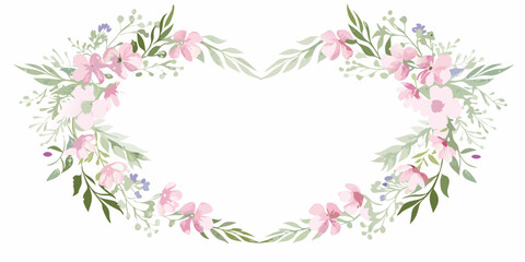 A delicate floral heart wreath with pink blossoms and green leaves