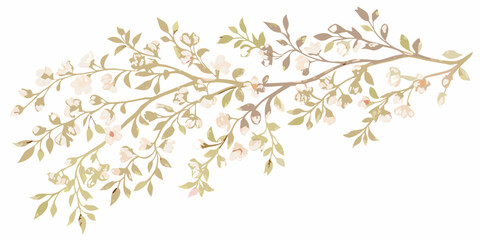 Delicate flowering branch with pale blossoms and lush green foliage