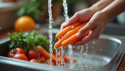 Fresh carrots being rinsed under running water