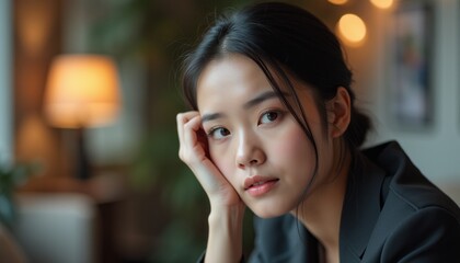 Thoughtful young woman in a cozy setting