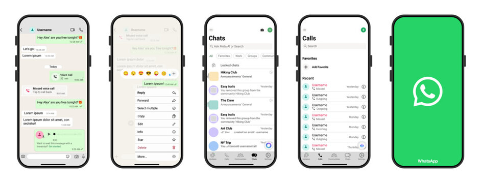 WhatsApp UI mockup template showing WhatsApp chat, WhatsApp calls and WhatsApp screen on mobile device