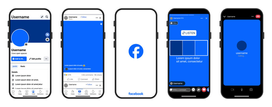 Facebook UI mockup template showing Facebook profile, Facebook post and Facebook call interface on mobile screen