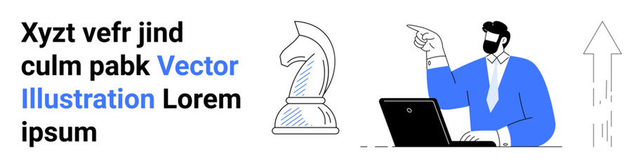 Business strategy, planning, decision-making, competition, analytics, career growth. A professional pointing while using a laptop with a chess knight piece and upward arrow. Business strategy