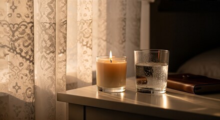 Cozy evening scene with a lit candle, refreshing water glass, and elegant lace curtains on a nightstand.