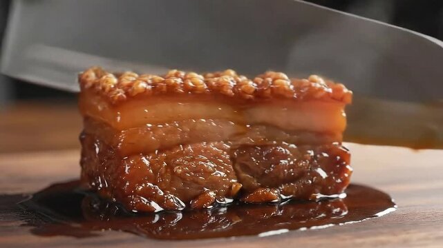 Crispy Pork Belly Cut with Knife Revealing Juicy Layers Glazed in Savory Sauce on Wooden Board Close-Up Appetizing Food Preparation