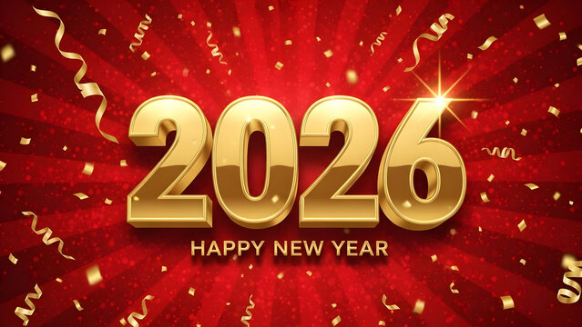 Golden 3d text 2026 happy new year celebration with falling confetti and ribbons on a dramatic red background - Powered by Adobe