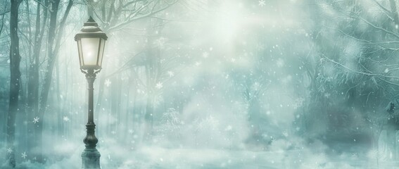 Vintage lamppost stands tall amidst a snowy forest, casting a warm glow in the twilight.