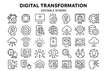 Digital Transformation Line Icons Set &ndash; Technology Innovation, Cloud Computing, Automation, AI, Data Processing and Network System Outline Symbol Collection