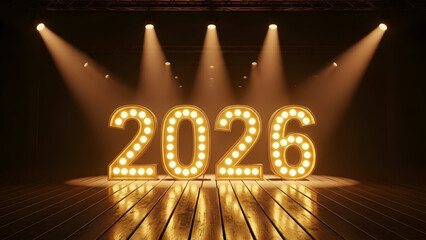 Bright marquee numbers 2026 illuminated on stage with spotlights