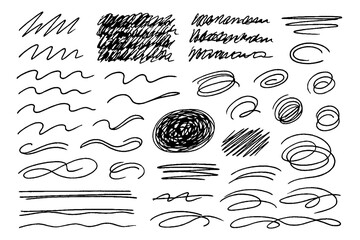 Hand-Drawn Brush Strokes, Arrows, Scribbles and Textured Ink Shapes Set &ndash; Abstract Marker Lines, Sketch Elements, Doodle Symbols and Grunge Design Collection