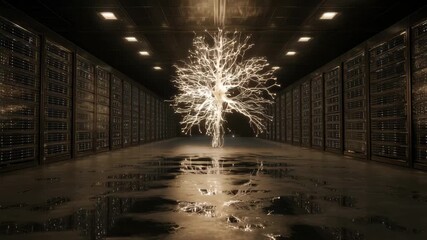 Illuminated tree structure stands in a modern data center surrounded by rows of servers reflecting digital light during twilight hours - Powered by Adobe