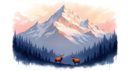 Majestic Snow-Capped Mountain Landscape with Pine Forest and Two Red Deer Watercolor Illustration