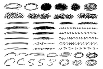 Hand-Drawn Brush Strokes, Arrows, Scribbles and Textured Ink Shapes Set &ndash; Abstract Marker Lines, Sketch Elements, Doodle Symbols and Grunge Design Collection