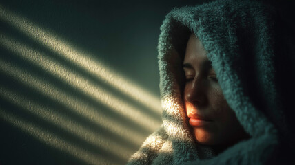 Soft light falls across a person wrapped in a cozy blanket, eyes closed in peaceful rest. Dramatic shadows create an intimate, warm, and emotional atmosphere.
