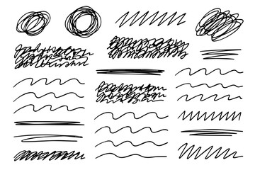 Hand-Drawn Brush Strokes, Arrows, Scribbles and Textured Ink Shapes Set &ndash; Abstract Marker Lines, Sketch Elements, Doodle Symbols and Grunge Design Collection
