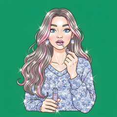 A woman with long wavy hair, adorned in a sparkling diamond-patterned top, applies lip gloss against a green backdrop.