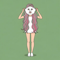 A woman with long, wavy hair holds a facial sheet mask in front of her face against a plain green background.