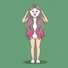 A young woman with long, wavy hair, partially covering her face with a sheet mask, stands against a green background.