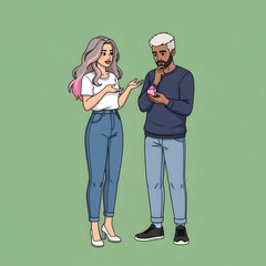 A woman with pink-streaked hair gestures while talking to a man who holds a small pink house and ponders.