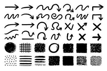 Hand-Drawn Brush Strokes, Arrows, Scribbles and Textured Ink Shapes Set &ndash; Abstract Marker Lines, Sketch Elements, Doodle Symbols and Grunge Design Collection