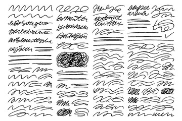 Hand-Drawn Brush Strokes, Arrows, Scribbles and Textured Ink Shapes Set &ndash; Abstract Marker Lines, Sketch Elements, Doodle Symbols and Grunge Design Collection