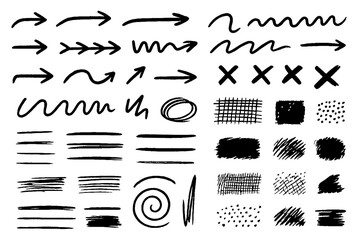 Hand-Drawn Brush Strokes, Arrows, Scribbles and Textured Ink Shapes Set &ndash; Abstract Marker Lines, Sketch Elements, Doodle Symbols and Grunge Design Collection