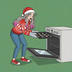 A woman in a Santa hat and festive sweater pulls burnt cookies from an oven, looking distressed.