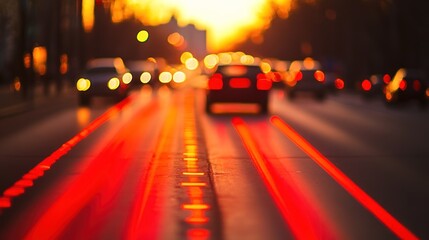 Red light markings on a city street at sunset.