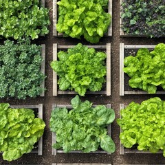 Top view of fresh green vegetables growing in wooden garden beds
