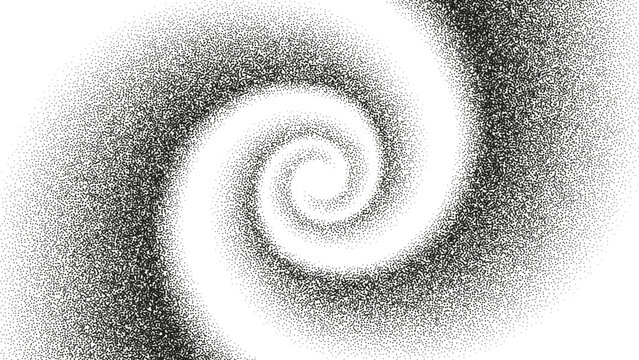 A dotted grainy gradient vortex flow. Vector gritty spirals with optical illusion. Tunnel with black stipple texture effect. Swirl of gritty pattern made by black points, particles with stipple effect